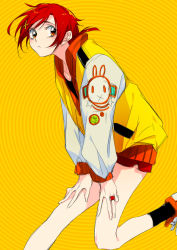 Rule 34 | 10s, 1girl, :&lt;, hair ornament, hairclip, hino akane (smile precure!), jacket, jewelry, ponytail, precure, red hair, ring, running, shoes, short hair, shorts, smile precure!, sneakers, socks, solo, tima, track jacket, yellow background
