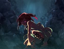 Rule 34 | 1girl, ankle lace-up, barefoot, cave, cross-laced footwear, darkness, dress, feet, glowing, glowing eyes, magi the labyrinth of magic, morgiana, nora usagi, red eyes, red hair, rock, squatting