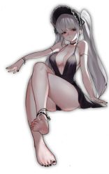 Rule 34 | 1girl, bad anatomy, barefoot, beads, black nails, cocktail dress, crossed legs, dress, dungeon and fighter, artistic error, feet, foot focus, foreshortening, goth fashion, grey hair, hair tie, headdress, highres, looking at viewer, nail polish, open mouth, outstretched hand, r (#65483239), red eyes, reversed feet, reversed foot, shaded face, silver luster tagore, sitting, soles, solo, teeth, toenail polish, toenails, toes, twintails, white background, wrong foot