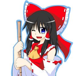 Rule 34 | 1girl, ;d, ascot, black hair, blue eyes, bow, broom, detached sleeves, hair between eyes, hair bow, hair tubes, hakurei reimu, large bow, long hair, looking at viewer, meguru (mm-da), one eye closed, open mouth, smile, solo, touhou, vest