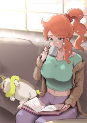 1girl book brown_jacket commentary commission couch creatures_(company) cup drinking english_commentary game_freak gen_8_pokemon green_eyes green_shirt highres holding holding_book holding_cup jacket midriff navel nintendo off_shoulder on_couch open_book orange_hair pokemon pokemon_(creature) pokemon_sv ponytail shirt sitting sonia_(pokemon) vialnite yamper