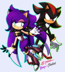 1boy 1girl animal_ears artist_name berry_the_hedgehog_(stellarlites) black_fur boots bracelet breasts character_name cleavage furry furry_female furry_male gloves gold_bracelet green_eyes grey_background highres jewelry knee_boots original purple_fur red_eyes red_fur shadow_the_hedgehog simple_background sonic_(series) stellarlites two-tone_fur white_gloves