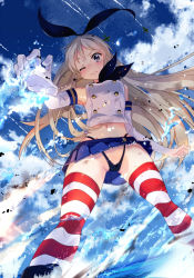 Rule 34 | 10s, 1girl, bad id, bad pixiv id, bare shoulders, black panties, blonde hair, blush, cloud, day, elbow gloves, electricity, giant, giantess, gloves, grey eyes, hairband, kantai collection, long hair, looking at viewer, navel, panties, pantyshot, personification, shimakaze (kancolle), skirt, sky, solo, striped clothes, striped thighhighs, thighhighs, ume (plumblossom), underwear, upskirt, water, white gloves, wince