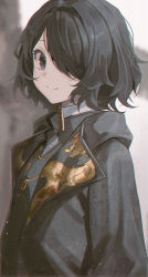 Rule 34 | 1girl, absurdres, alchemy stars, bad id, bad twitter id, black eyes, black hair, black jacket, blurry, blurry background, blush, character request, check character, closed mouth, commentary request, from side, hair over one eye, harusame (user wawj5773), highres, jacket, long sleeves, looking at viewer, robyn (alchemy stars), shirt, short hair, smile, solo, upper body, white shirt