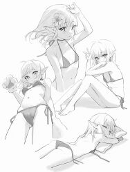 Rule 34 | 1girl, absurdres, ahoge, ass, bikini, character request, closed eyes, commentary request, copyright request, elf, flat chest, flower, greyscale, hair flower, hair ornament, highres, looking at viewer, midori xu, monochrome, multiple views, pointy ears, side-tie bikini bottom, simple background, smile, solo, swimsuit, untied bikini, white background