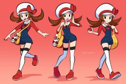 Rule 34 | 1girl, artist name, bag, black eyes, blue overalls, brown hair, cabbie hat, closed mouth, creatures (company), eyelashes, full body, game freak, hat, highres, holding, holding poke ball, long hair, looking at viewer, lyra (pokemon), multiple views, nintendo, open mouth, overalls, poke ball, poke ball (basic), pokegear, pokemon, pokemon hgss, red background, red footwear, red shirt, shirt, shoes, shoulder bag, smile, teeth, thighhighs, twintails, upper teeth only, vinny (dingitydingus), white headwear, white thighhighs, yellow bag