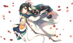 Rule 34 | 1girl, ainu clothes, amazuyu tatsuki, animal ears, aquaplus, ass, black hair, boots, breasts, cat tail, closed mouth, coat, dress, eyelashes, from behind, from side, hair between eyes, hair ornament, highres, kuon (utawarerumono), long dress, long hair, looking at viewer, medium breasts, official art, orange eyes, petals, ponytail, raised eyebrows, smile, swept bangs, tail, thighs, transparent background, utawarerumono, utawarerumono: itsuwari no kamen, utawarerumono: lost flag, very long hair, white tail