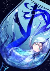 Rule 34 | 1boy, air bubble, blue eyes, blue hair, blue pantyhose, blush, brown hair, bubble, captain nemo (fate), closed eyes, commentary request, cup, drinking glass, fate/grand order, fate (series), from side, full body, gradient hair, gradient legwear, hair floating upwards, hat feather, high heels, highres, in container, in cup, ittokyu, jacket, legs up, long hair, long sleeves, looking at viewer, looking to the side, male focus, multicolored hair, nemo (fate), pantyhose, partially submerged, shoulder boards, solo, turban, very long hair, water, white jacket, wine glass
