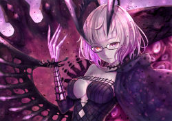 Rule 34 | 1girl, absurdres, black-framed eyewear, black choker, black coat, black dress, black horns, blunt bangs, breasts, choker, cleavage, closed mouth, coat, colored skin, commentary request, death-point, dress, fate/grand order, fate (series), glasses, grey hair, grey skin, heterochromia, highres, hood, hood down, hooded coat, horns, jacques de molay (foreigner) (fate), jacques de molay (foreigner) (third ascension) (fate), large breasts, lips, looking at viewer, orange eyes, over shoulder, purple eyes, short hair, signature, single bare shoulder, skeletal hand, solo, strapless, strapless dress, upper body