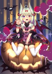 Rule 34 | 1girl, ahoge, animal ears, bat (animal), between legs, black bow, black bowtie, blood, blood on face, blush, bow, bowtie, claw pose, commentary, copyright request, english commentary, fangs, fingernails, hair between eyes, hair bow, hairband, halloween, hand between legs, hand up, heterochromia, highres, horns, jack-o&#039;-lantern, looking at viewer, multicolored hair, nail polish, pumpkin, purple eyes, red bow, red eyes, red nails, sailor collar, shennai misha, shoes, sitting, solo, streaked hair, thighhighs, tic-tac-toe, wariza, white sailor collar, white thighhighs, wristband