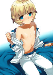 Rule 34 | 1boy, blonde hair, chung seiker, elsword, from above, guardian (elsword), hair flaps, male focus, navel, nipples, paw print, ress, short hair, sitting, solo, symbol-shaped pupils, topless male, trap, undressing, white background