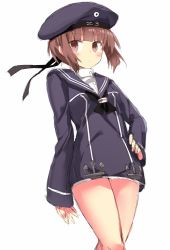 Rule 34 | 10s, 1girl, 501092-taka, beret, blush, brown eyes, brown hair, clothes writing, cowboy shot, hand on own hip, hat, kantai collection, sailor collar, short hair, simple background, solo, white background, z3 max schultz (kancolle)
