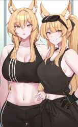 Rule 34 | 2girls, absurdres, animal ear fluff, animal ears, arknights, bare shoulders, black gloves, black pants, black tank top, blemishine (arknights), blonde hair, breasts, cleavage, commentary, cowboy shot, crop top, gloves, goggles, goggles on head, hand in own hair, hand on own hip, highres, kanta (kanta 077), large breasts, long hair, looking at viewer, midriff, multiple girls, navel, nearl (arknights), open mouth, pants, ponytail, siblings, sisters, smile, sports bra, standing, stomach, tank top, thigh gap, yellow eyes