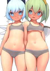 Rule 34 | 2girls, bare shoulders, blue bow, blue eyes, blue hair, blush, bow, breasts, bright pupils, cameltoe, cirno, cleft of venus, contrapposto, crop top, daiyousei, eyebrows hidden by hair, fairy wings, flat chest, from below, gluteal fold, green hair, hair bow, highres, huxiao (mistlakefront), ice, ice wings, looking at viewer, looking to the side, multiple girls, navel, one side up, open mouth, panties, short hair, simple background, small breasts, smile, stomach, thighs, touhou, underboob, underwear, white background, white pupils, wings, yellow bow