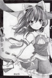 Rule 34 | 1girl, ascot, border, bow, breasts, closed eyes, collared shirt, cowboy shot, detached sleeves, frilled bow, frilled hair tubes, frilled skirt, frills, greyscale, hair between eyes, hair bow, hair tubes, hakurei reimu, head tilt, holding, looking at viewer, medium hair, miniskirt, monochrome, painting (medium), ribbon-trimmed sleeves, ribbon trim, shirt, simple background, skirt, sleeve ribbon, sleeveless, sleeveless shirt, small breasts, solo, totoki mea, touhou, traditional media, watercolor (medium), wide sleeves