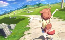 Rule 34 | 2girls, alternate costume, backpack, bag, blue shorts, blue sky, bracelet, brown bag, brown hair, cloud, cloudy sky, column, commentary request, day, dog girl, dog tail, from behind, grass, hololive, inugami korone, jewelry, mountainous horizon, multiple girls, nekomata okayu, nokisaki nibosi, outdoors, outstretched arms, partial commentary, pillar, ruins, shirt, shorts, sky, spread arms, standing, tail, trail, virtual youtuber, walking, wide shot, yellow shirt