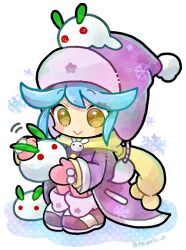 Rule 34 | 1girl, :&gt;, blue eyes, blush stickers, brown eyes, coat, doradorakingyo, fur hat, hat, long sleeves, mittens, no nose, pantyhose, pink mittens, pink pantyhose, pom pom (clothes), purple coat, puyopuyo, puyopuyo quest, ruda (puyopuyo), scarf, simple background, snow rabbit, snowflakes, solo, squatting, twitter username, ushanka, white background, winter clothes, yellow scarf