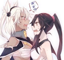 Rule 34 | 10s, 2girls, anger vein, angry, aoki shizumi, bare shoulders, black hair, blood, blood on face, breast press, breasts, budget sarashi, dark-skinned female, dark skin, fang, glasses, headgear, high ponytail, kantai collection, large breasts, looking at another, multiple girls, musashi (kancolle), musashi kai (kancolle), neckerchief, open clothes, open mouth, pointy hair, red eyes, sailor collar, sarashi, school uniform, serafuku, shirt, simple background, sleeveless, sleeveless shirt, symmetrical docking, twintails, white background, white hair, yahagi (kancolle)