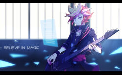 Rule 34 | 1boy, alternate costume, belt, blonde hair, cang (iphis233), collarbone, cropped jacket, english text, fujiki yusaku, green eyes, guitar, hologram, instrument, jacket, jewelry, long sleeves, male focus, multicolored hair, music, necklace, open clothes, open jacket, playing instrument, playmaker (yu-gi-oh!), purple hair, red hair, scrunchie, shirt, smile, solo, spiked hair, wrist scrunchie, yu-gi-oh!, yu-gi-oh! vrains