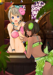 Rule 34 | .sin, 2girls, :d, bare arms, bare shoulders, bikini, bikini skirt, blue eyes, bob cut, breasts, brown eyes, brown hair, commentary request, dark-skinned female, dark skin, earrings, eyelashes, eyes visible through hair, flower, from behind, green flower, hair flower, hair ornament, hand up, happy, hibiscus, high ponytail, highres, hub lass, hub provisions lass, jewelry, large breasts, light brown hair, looking at viewer, looking back, monster hunter, monster hunter: world, monster hunter (series), multiple girls, navel, open mouth, pink flower, raised eyebrows, shell, shell earrings, short hair, smile, swept bangs, swimsuit, tankini, tropical, waving