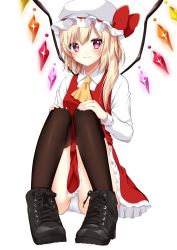 Rule 34 | 1girl, ankle boots, ascot, bad id, bad pixiv id, black footwear, black thighhighs, blonde hair, boots, bow, commentary request, cross-laced footwear, flandre scarlet, frilled skirt, frills, hands on own knees, hat, hat bow, high heel boots, high heels, highres, lace-up boots, light smile, long sleeves, looking at viewer, mob cap, panties, pantyshot, purple eyes, shinonome asu, simple background, sitting, skirt, solo, thighhighs, touhou, underwear, white background, white panties, wings, yellow ascot