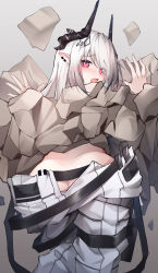 Rule 34 | 1girl, absurdres, arknights, ass, bent over, blush, butt crack, chinese commentary, commentary request, ear piercing, from behind, hair ornament, heart, heart-shaped pupils, highres, horns, long hair, looking at viewer, looking back, mudrock (arknights), no panties, open mouth, pants, piercing, pointy ears, qinshi-ji, red eyes, rock, silver hair, solo, stuck, symbol-shaped pupils, through wall, white pants