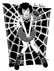 Rule 34 | absurdres, antenna hair, black hair, black necktie, black socks, black sweater vest, blush, border, character name, commentary, constricted pupils, covering privates, covering crotch, dress shirt, embarrassed, full body, hair between eyes, halftone texture, highres, knees together feet apart, looking at viewer, lower teeth only, marvel, mecha, monochrome, nakachiruno, necktie, open mouth, outside border, own hands together, peni parker, plaid, plaid skirt, pleated skirt, robot, shirt, shoes, short hair, short sleeves, silk, skirt, sneakers, socks, sp//dr, spider-man: into the spider-verse, spider-man (series), spider-verse, spider web, spread fingers, standing, sweater vest, teeth, v arms, white border, white shirt
