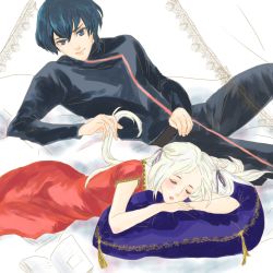 Rule 34 | 1boy, 1girl, blue eyes, blue hair, blush, book, byleth (fire emblem), byleth (male) (fire emblem), couple, edelgard von hresvelg, fire emblem, fire emblem: three houses, hetero, highres, loungewear, macro fe, nintendo, pillow, playing with another&#039;s hair, purple eyes, ribbon, sleeping, white hair