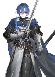 Rule 34 | 1boy, armor, belt, blue hair, breastplate, buckle, cape, commentary, cuisses, feet out of frame, gauntlets, hair over shoulder, highres, holding, holding sheath, holding sword, holding weapon, jun (navigavi), knight, long hair, looking at viewer, making-of available, male focus, original, ponytail, sheath, solo, sword, weapon, white background