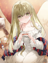 Rule 34 | 1girl, bandaid, bare shoulders, blush, breasts, character request, cleavage, closed mouth, collarbone, dress, frilled dress, frills, green eyes, green hair, holding, holding bandaid, indoors, kazutake hazano, long hair, looking at viewer, scarf, shiro seijo to kuro bokushi, solo, spaghetti strap, white dress