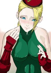 Rule 34 | 1girl, after fellatio, bare shoulders, blacktiger, blonde hair, blue eyes, braid, breasts, cammy white, cum, cum in mouth, covered erect nipples, female focus, hat, highleg, highleg leotard, highres, large breasts, leotard, looking at viewer, smile, solo, street fighter, twin braids