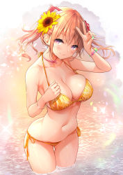 Rule 34 | 1girl, bare shoulders, bikini, blonde hair, blush, bracelet, breasts, cleavage, closed mouth, collarbone, flower, hair flower, hair ornament, hand on own chest, harino646, highres, jewelry, large breasts, long hair, looking at viewer, nail polish, navel, neck ribbon, ocean, original, outdoors, purple eyes, ribbon, side-tie bikini bottom, smile, solo, standing, sunflower, swimsuit, twintails, v, wading, water, wet, yellow bikini