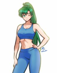 1girl ;) alternate_costume bare_shoulders breasts commission fire_emblem fire_emblem:_the_blazing_blade green_eyes green_hair hand_on_own_hip ko-fi_commission large_breasts long_hair looking_at_viewer lyn_(fire_emblem) navel nintendo one_eye_closed rotomdocs smile solo sportswear