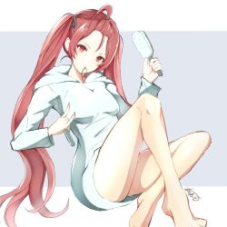 Rule 34 | 1girl, atoatto, brushing hair, brushing own hair, fire emblem, fire emblem awakening, fire emblem fates, looking at viewer, nintendo, red eyes, red hair, severa (fire emblem), shirt, simple background, solo, t-shirt, twintails, white background