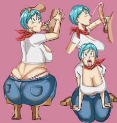Rule 34 | 1boy, 1girl, ass, blue eyes, blue hair, blue pants, boots, breasts, bulma, butuo (butuo13), cleavage, cum, cum in mouth, denim, dragon ball, dragonball z, earrings, fellatio, hand on another&#039;s head, hands on own knees, hetero, highres, huge ass, jeans, jewelry, large breasts, open mouth, oral, panarandom, panties, pants, penis, pink panties, red scarf, scarf, shirt, squatting, testicles, underwear, white shirt
