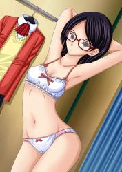 Rule 34 | 1girl, armpits, arms behind head, black hair, breasts, cleavage, closed mouth, clothes hanger, collarbone, commentary request, curtains, glasses, highres, jacket, long hair, long sleeves, looking at viewer, naruto, naruto (series), navel, panties, red jacket, seraphina, solo, swept bangs, tan, tanline, uchiha sarada, underwear