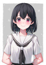 Rule 34 | 1girl, arms behind back, black hair, black neckerchief, blush, braid, closed mouth, crossed bangs, grey background, grey hair, highres, looking at viewer, neckerchief, original, pink eyes, sailor collar, sailor shirt, school uniform, shirt, short hair, short sleeves, smile, solo, straight-on, twin braids, two-tone background, upper body, white hair, white sailor collar, white shirt, yuuri nayuta