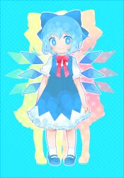 Rule 34 | blue bow, blue dress, blue eyes, blue hair, boningen, bow, cirno, dress, drop shadow, fairy, frills, hair bow, ice, ice wings, mary janes, red bow, shoes, short hair, smile, socks, star-shaped pupils, star (symbol), symbol-shaped pupils, touhou, white socks, wings