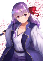 Rule 34 | &gt;:), 1girl, bb (fate), bb (fate/extra), blush, breasts, cleavage, collarbone, cosplay, fate/grand order, fate (series), hair ribbon, highres, holding, holding sword, holding weapon, japanese clothes, long hair, looking at viewer, medium breasts, monohoshizao, purple eyes, purple hair, reuri (tjux4555), ribbon, sasaki kojirou (fate), sasaki kojirou (fate) (cosplay), smile, solo, sword, weapon