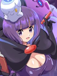 Rule 34 | blunt bangs, bob cut, book, breasts, cleavage, creatures (company), fire, game freak, gen 5 pokemon, highres, holding, holding book, holding pen, jellicent, jellicent (female), large breasts, litwick, nintendo, open mouth, pen, pokemoa, pokemon, pokemon (creature), pokemon bw, purple eyes, purple fire, purple hair, rimless eyewear, round eyewear, shauntal (pokemon), smile, upper body