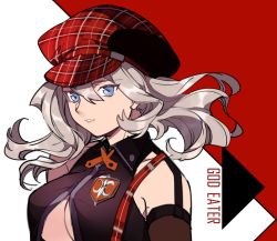 Rule 34 | 10s, 1girl, alisa ilinichina amiella, bare shoulders, black gloves, blue eyes, breasts, cabbie hat, elbow gloves, fingerless gloves, gloves, god eater, god eater burst, hat, large breasts, long hair, looking at viewer, silver hair, smile, solo, underboob