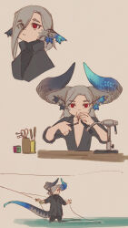 Rule 34 | 1girl, animal ears, arm up, asymmetrical horns, black pants, blue horns, blue tail, cropped torso, curled horns, dragon girl, dragon horns, dragon tail, eyes visible through hair, fishing, fishing line, fishing rod, grey hair, grey horns, grey jacket, grey shirt, grey tail, highres, holding, holding fishing rod, horns, jacket, kmbk, looking ahead, mismatched horns, multicolored horns, multicolored tail, multiple views, original, outstretched arms, pants, red eyes, scissors, shirt, short hair, simple background, sleeves rolled up, spool, tail, tools, turtleneck, v-neck, wading, water, working