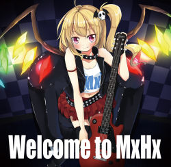 Rule 34 | 1girl, aiba kou, album cover, bare shoulders, belt, blonde hair, collar, cover, crop top, flandre scarlet, gibson, guitar, hair ornament, instrument, gibson les paul, looking at viewer, midriff, navel, red eyes, side ponytail, skirt, skull hair ornament, sleeveless, solo, spiked belt, spiked collar, spikes, studded belt, thighhighs, touhou, vest, wings