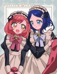 Rule 34 | 2girls, :d, alternate costume, apron, ayase naru, blue eyes, blue hair, blush, bow, bowtie, brown eyes, closed mouth, dress, enmaided, frilled apron, frills, hair ornament, highres, kku pri, looking at another, maid, maid apron, maid headdress, multiple girls, open mouth, pink hair, pretty rhythm, pretty rhythm rainbow live, pretty series, rinne (pretty rhythm), short hair, smile, twitter username, upper body, wrist cuffs