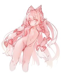 Rule 34 | 1girl, bare shoulders, bow, breasts, cropped legs, fujiwara no mokou, hair bow, kedama milk, long hair, looking at viewer, monochrome, navel, pink theme, simple background, sketch, slingshot swimsuit, small breasts, solo, standing, swimsuit, touhou, very long hair, white background