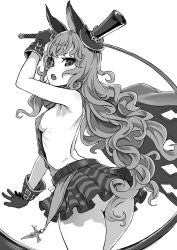 Rule 34 | 10s, 1girl, animal ears, asanagi, ass, back, backless outfit, breasts, rabbit ears, covered erect nipples, erune, fang, ferry (granblue fantasy), gloves, granblue fantasy, greyscale, halloween, hat, highres, long hair, looking at viewer, looking back, monochrome, open mouth, sideboob, simple background, small breasts, solo, top hat, whip, white background