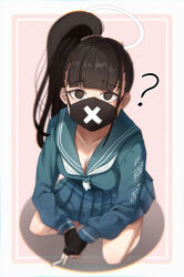 Rule 34 | 1girl, ?, absurdres, black eyes, black hair, black mask, blue archive, blue sailor collar, blue serafuku, blue skirt, breasts, chiu538, cleavage, collarbone, highres, large breasts, long hair, looking at viewer, mask, mouth mask, neckerchief, pleated skirt, ponytail, sailor collar, school uniform, serafuku, skirt, solo, sukeban (smg) (blue archive), surgical mask, white neckerchief