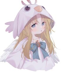 Rule 34 | 1girl, bird costume, bird wings, blonde hair, blue bow, blue eyes, blush, bow, eip (pepai), feathered wings, feathers, filo (tate no yuusha no nariagari), long hair, looking at viewer, open mouth, parted bangs, shirt, simple background, solo, tate no yuusha no nariagari, upper body, white background, white feathers, white shirt, white wings, wings
