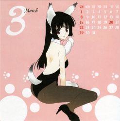 Rule 34 | 00s, 1girl, 2009, animal ears, animal hands, black hair, calendar, collar, high heels, highres, leotard, long hair, march, nakamura takeshi, nontraditional playboy bunny, open mouth, pantyhose, playboy bunny, purple eyes, shoes, solo, tail