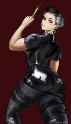 Rule 34 | 1girl, artist name, ass, belt, black dress, black legwear, cross, dorohedoro, dress, earrings, from behind, jewelry, latex, latex dress, looking at viewer, looking back, muscular, muscular female, nextoad, noi (dorohedoro), nurse, patch, patch, red background, red cross, red eyes, silver hair, simple background, solo, syringe